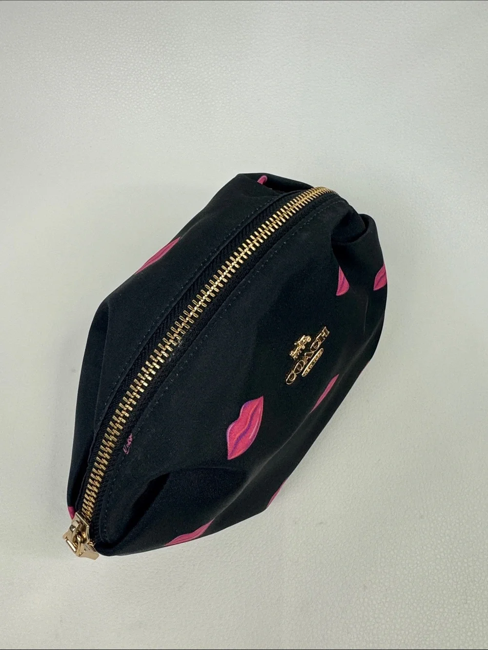 Coach Nylon Black Cosmetic Pouch with Pink Lip Motif Gold zipper & logo